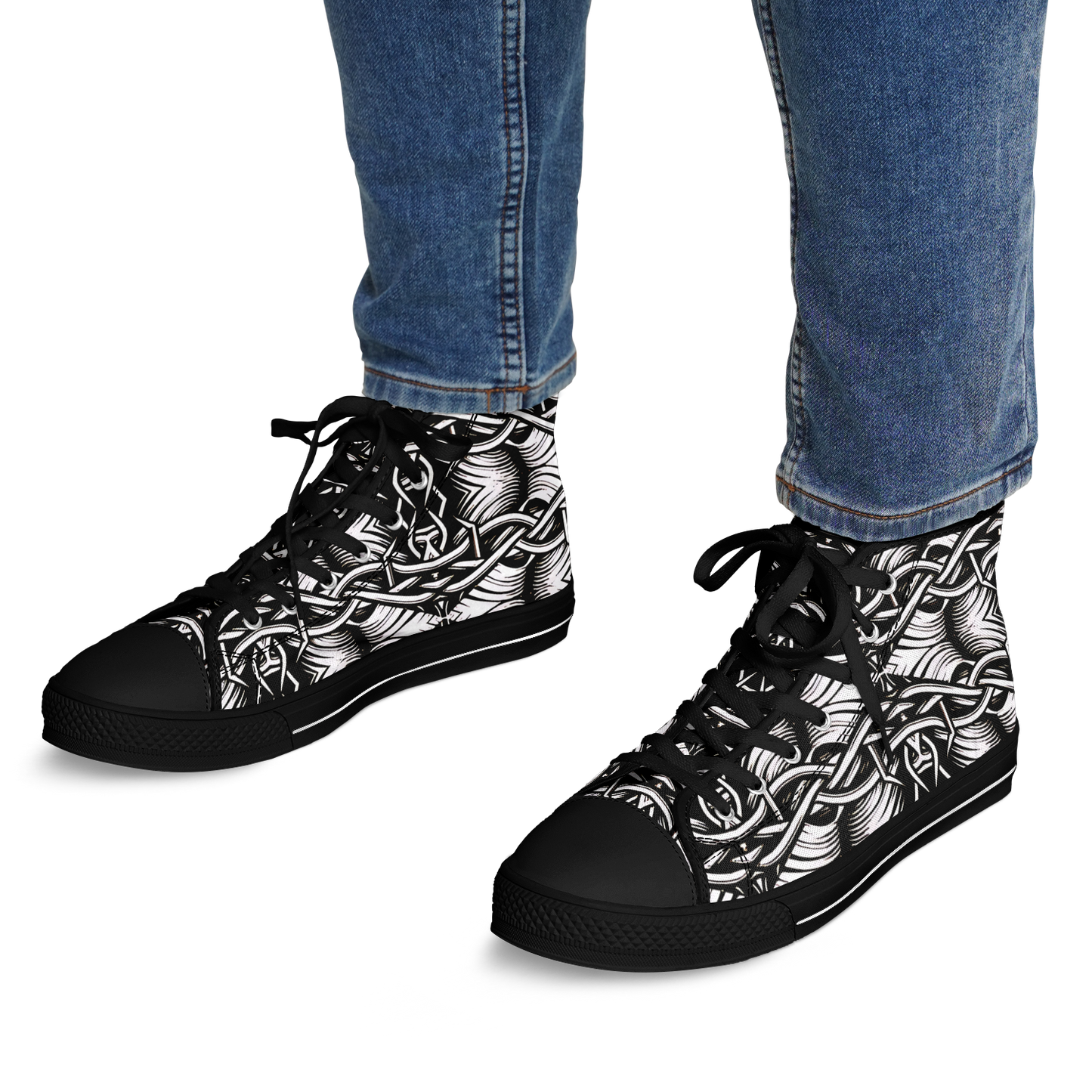 Men’s Black Intricate Silver Chain Tattoo Pattern High Urban Peak High Top Shoes