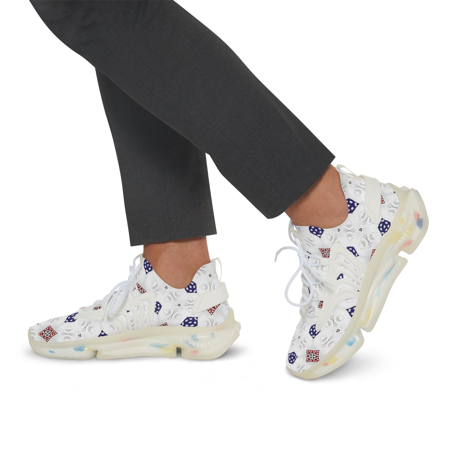 Men's White Blue & Red Patterned Mesh Sneakers