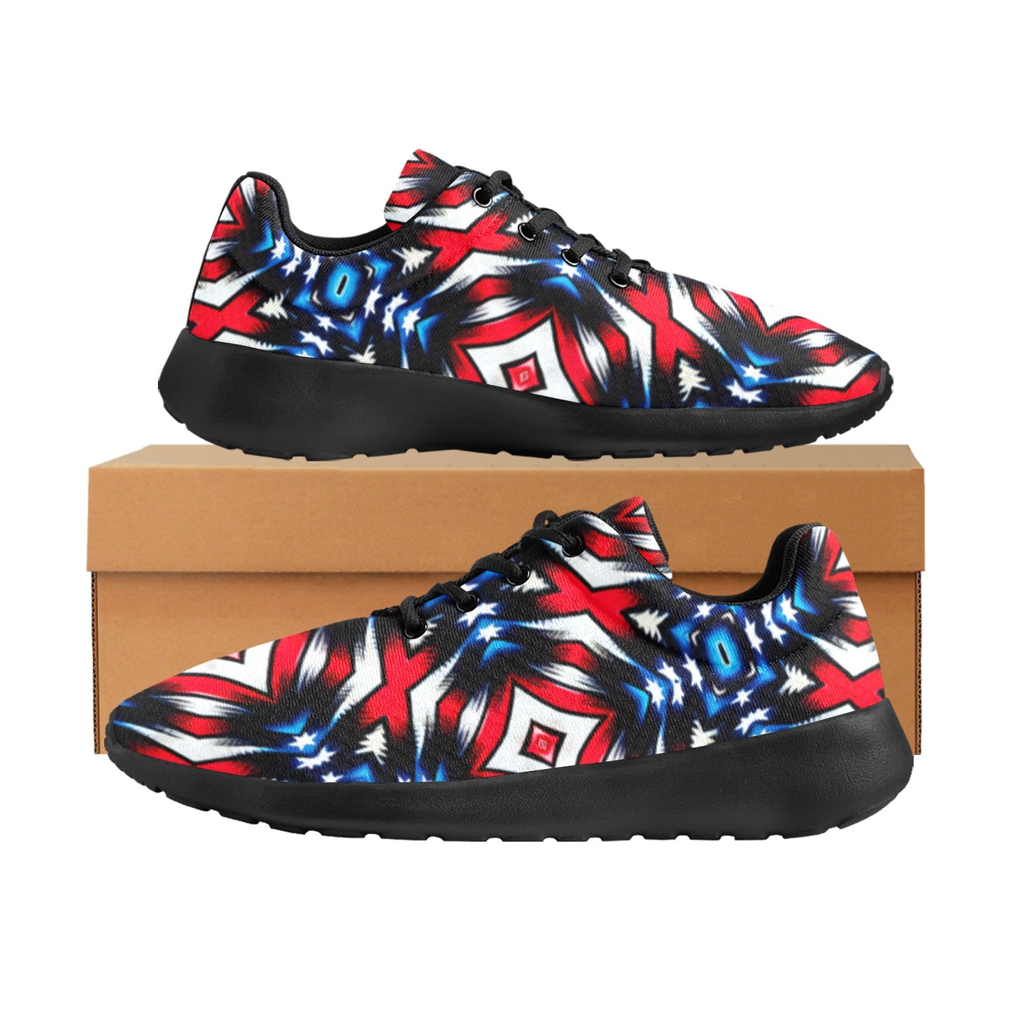 Men's Red White Blue Geometric Pattern All-Over Print Athletic Shoes.