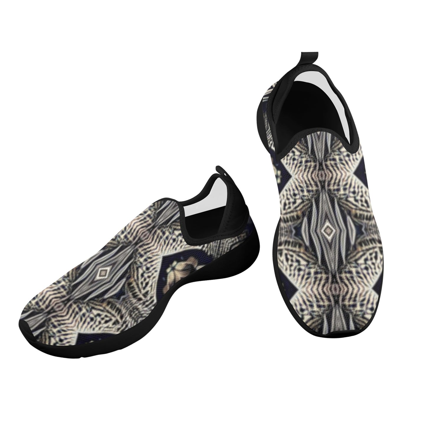 Women's Monochrome Geo Kaleidoscope Pattern All Over Print Fly Weave Drop-in Heel Sneakers.