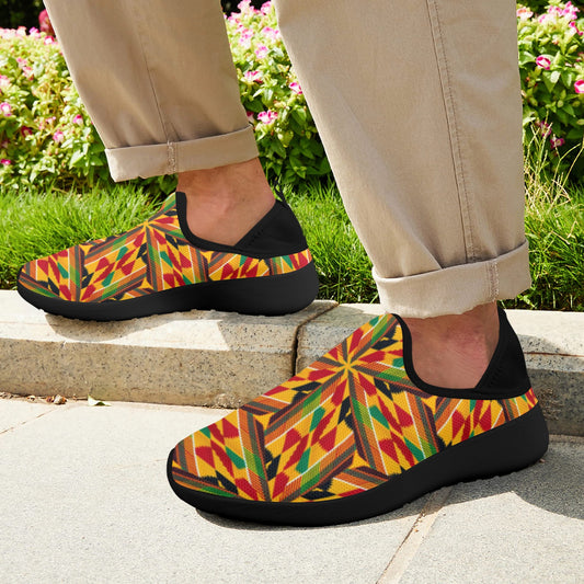 Men's Vibrant African Kente Geometric All-Over Print Fly Weave Drop-in Heel Sneakers