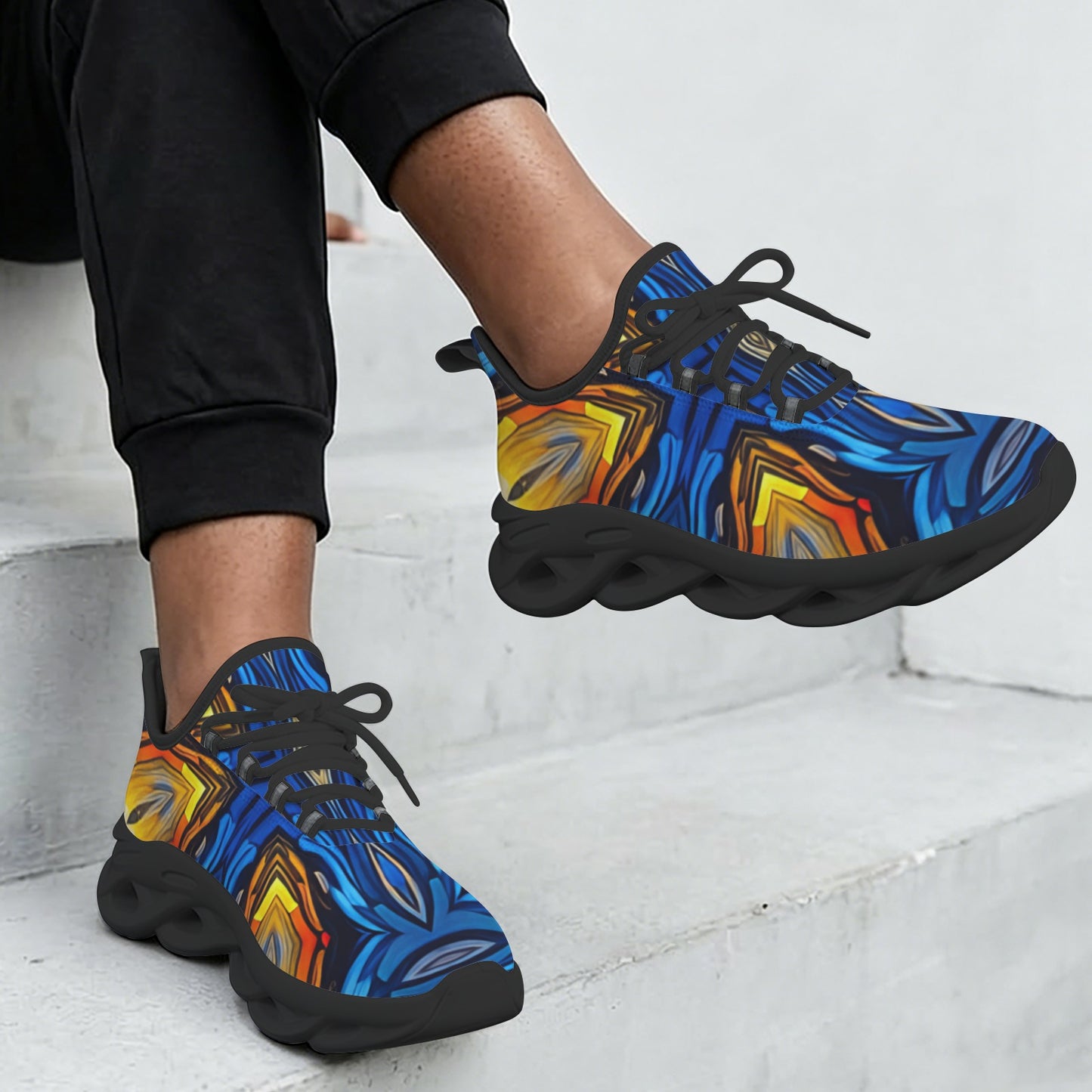 Women's Bold Blue & Gold Abstract Pattern All-Over Print Twisted Sole Sneakers