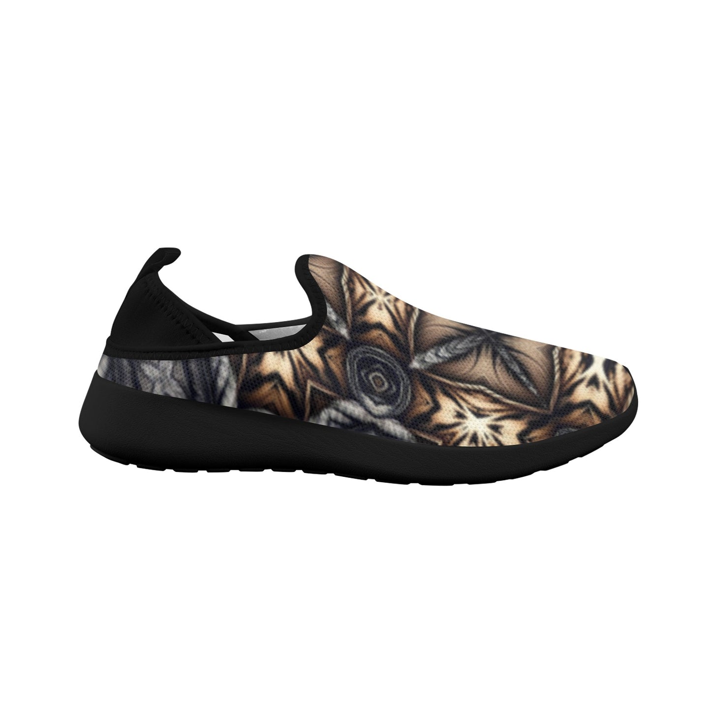 Women's Geometric Kaleidoscope Brown Pattern All Over Print Fly Weave Drop-in Heel Sneakers.