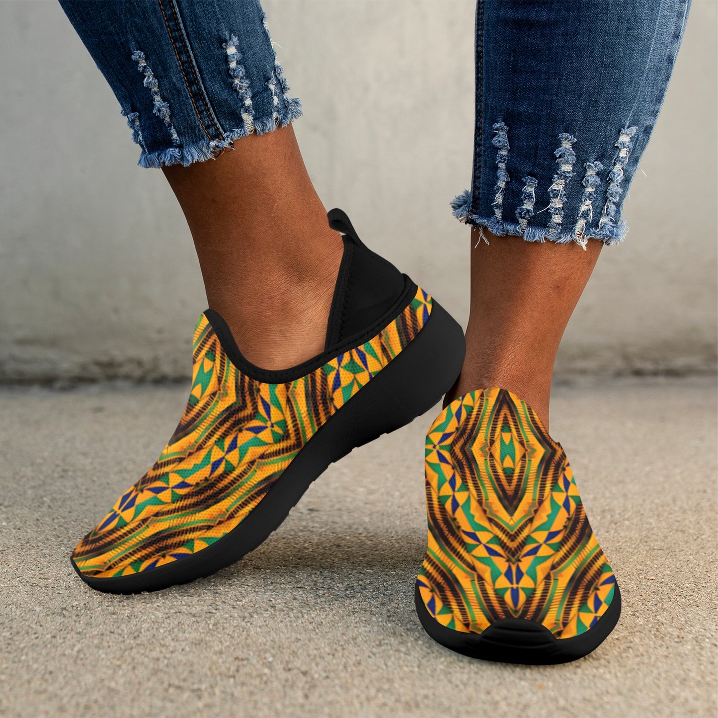 Women's Bold African Kente Inspired Pattern Fly Weave Drop-in Heel Sneakers