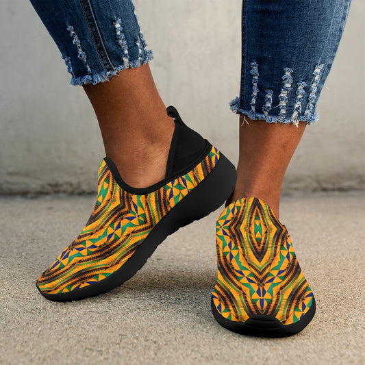 Women's Bold African Kente Inspired Pattern Fly Weave Drop-in Heel Sneakers