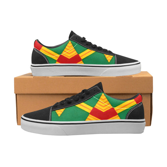 Men Bold Green, Red & Gold African Kente-Inspired Pattern  Low Top Skateboarding Shoes