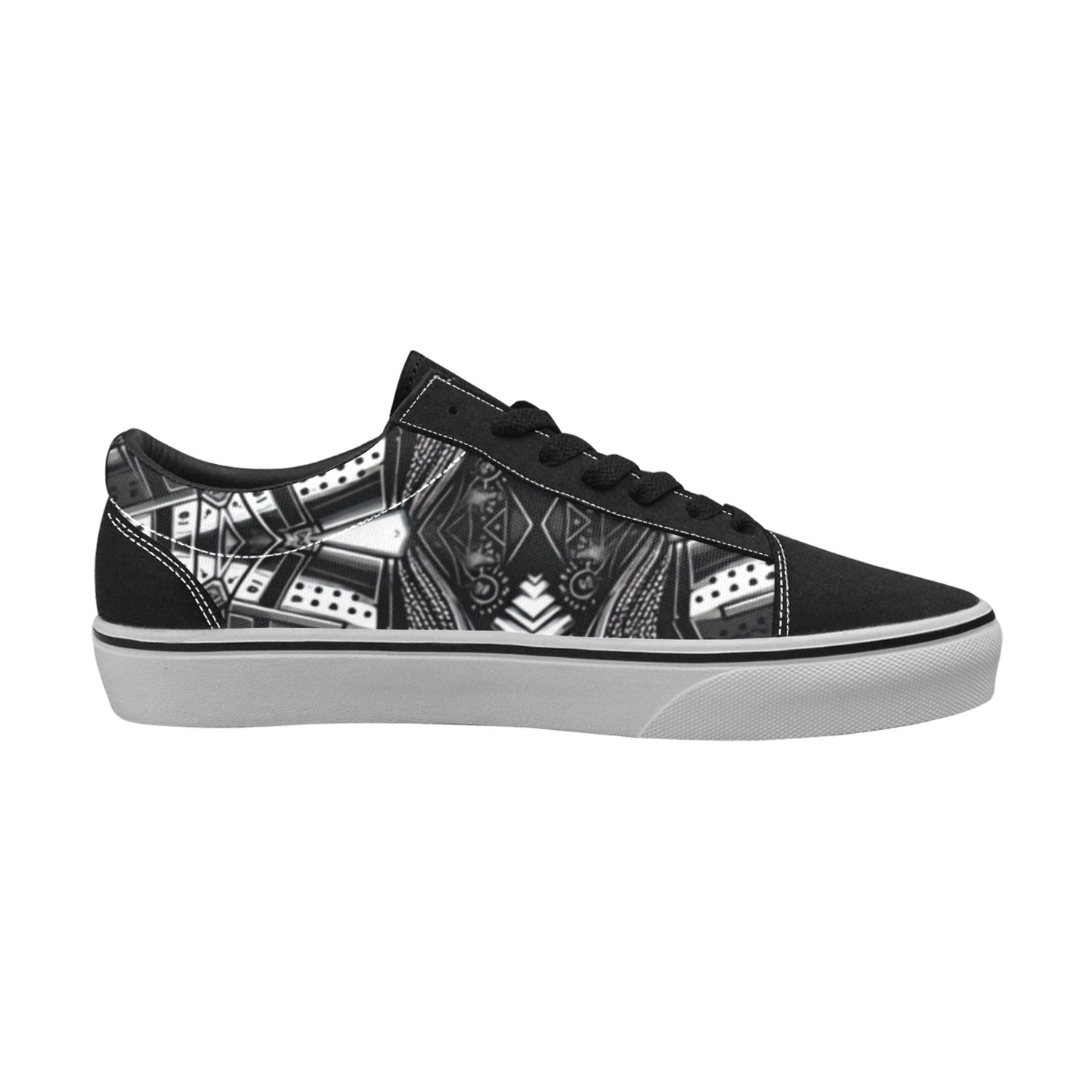 Women's Classic Black & White Geometric Pattern All Over Print Low Top Skateboarding Shoes.