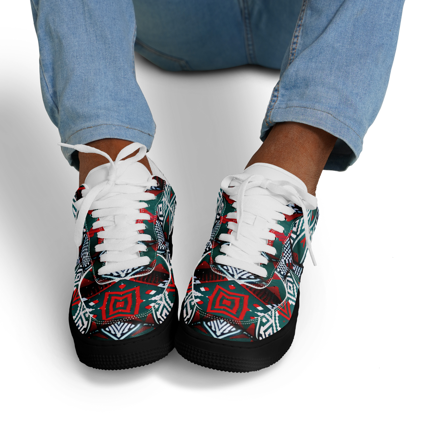 Men's Red & Teal Aztec Geo Pattern All-Over Print Core Low Shoes
