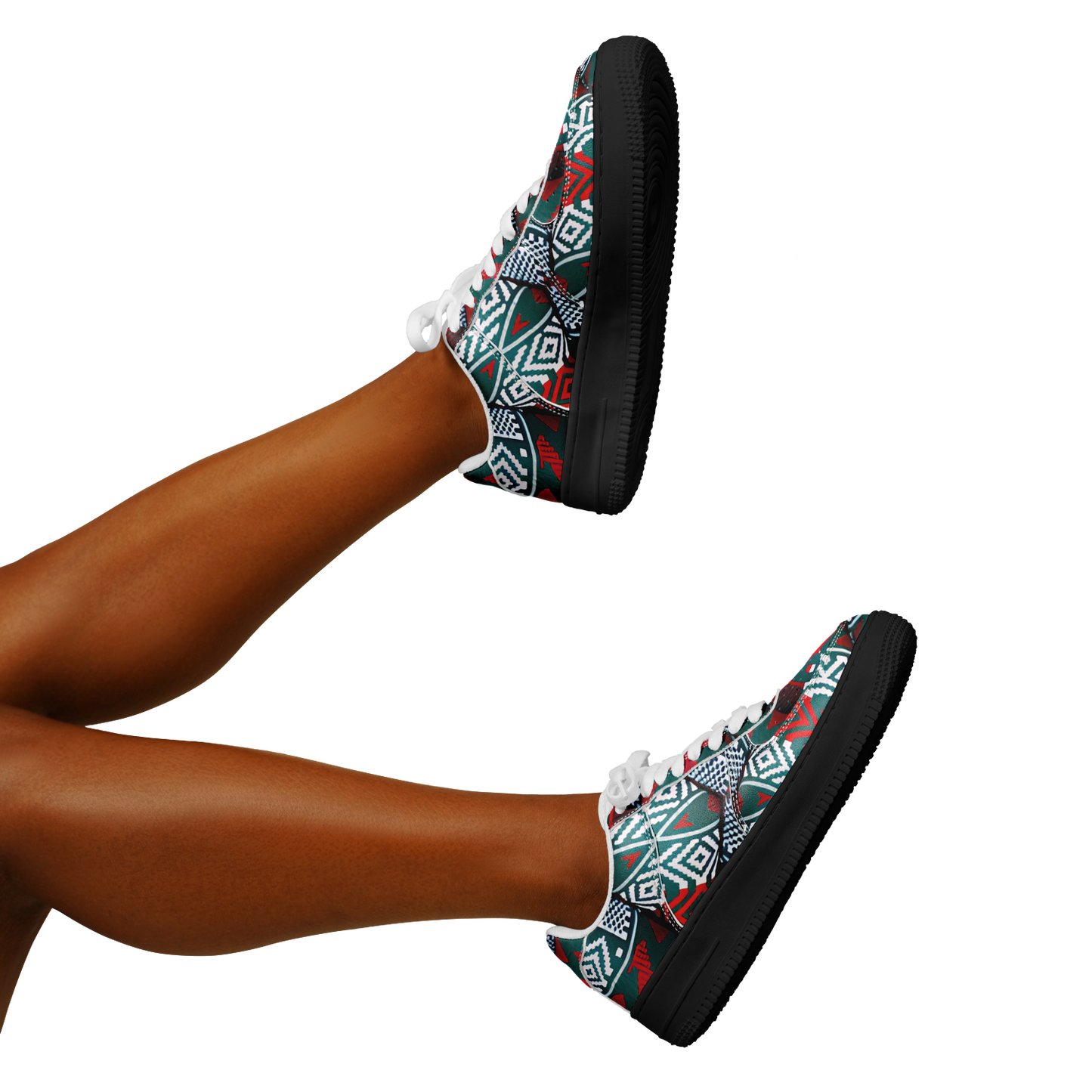 Women's Red & Teal Aztec Geo Pattern All-Over Print Core Low Shoes