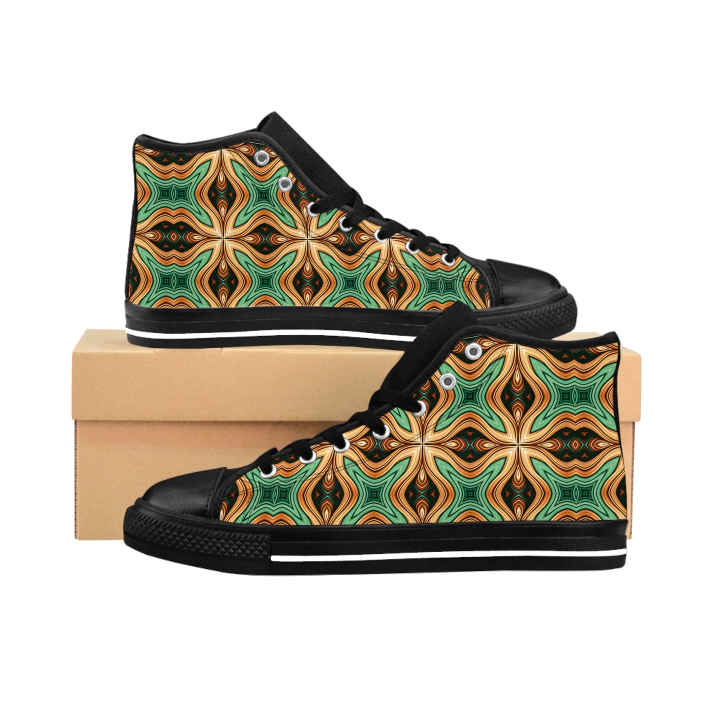 Men's Green & Gold Retro Kaleidoscope Pattern High Top Sneakers