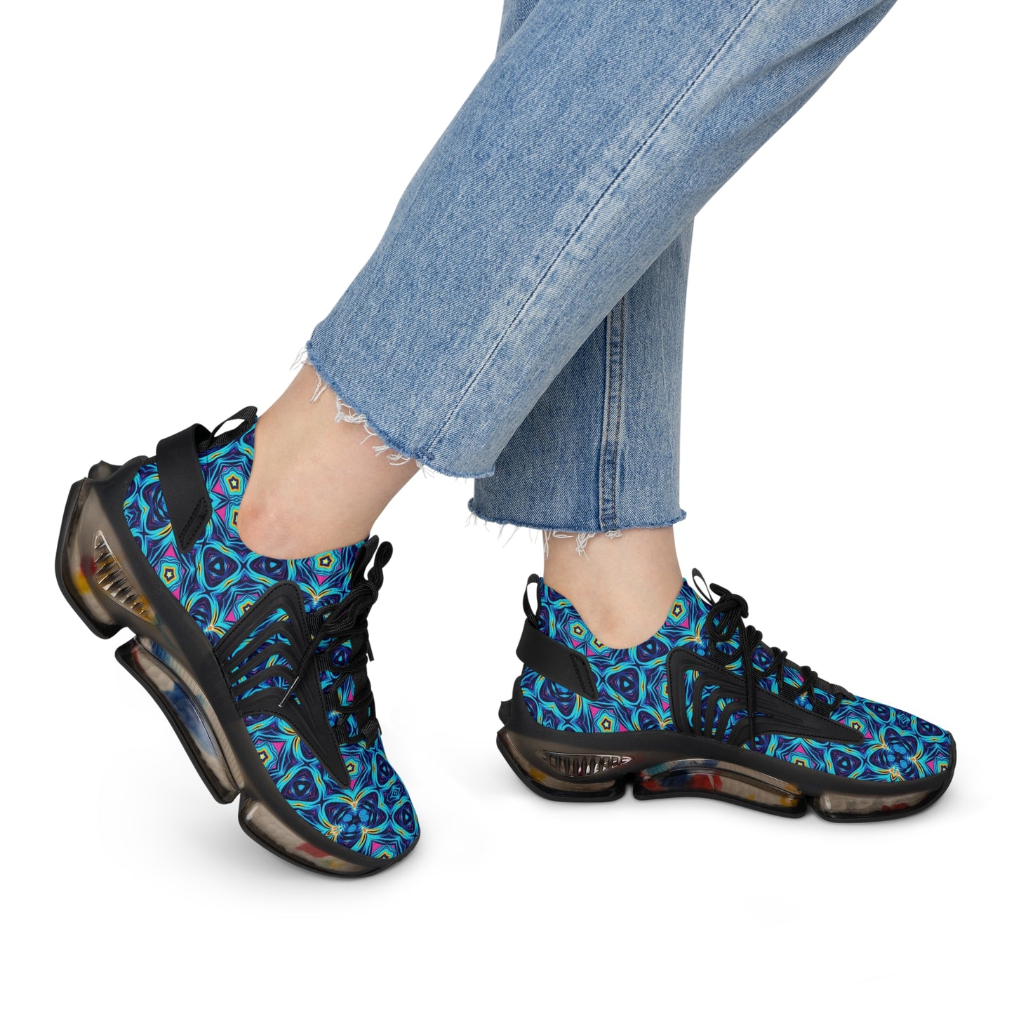 Women's Blue Geometric Kaleidoscope Athletic Mesh Sneakers