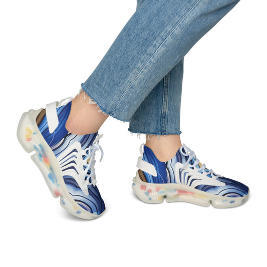 Women's Blue Wave Abstract Pattern All Over Print Mesh Sneakers