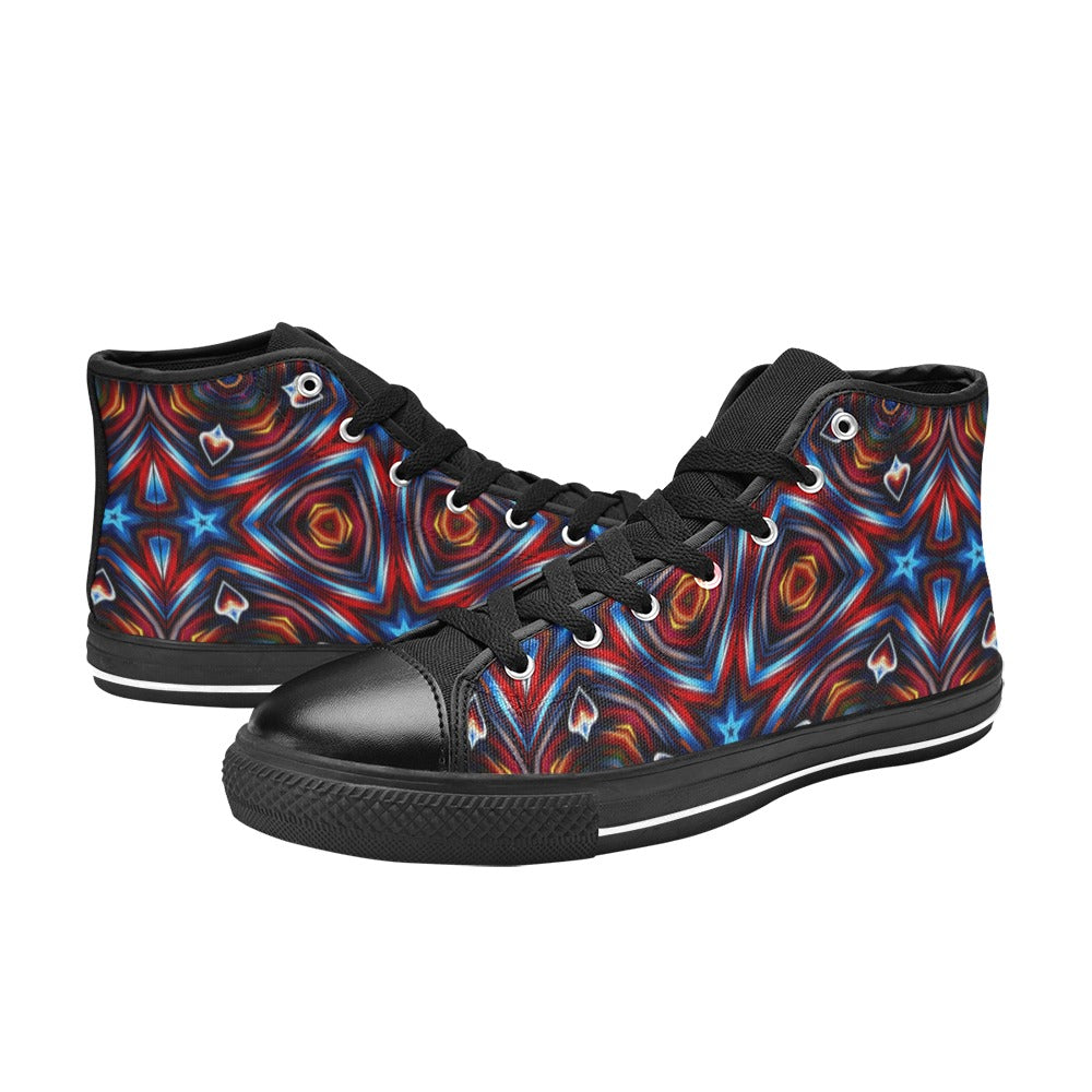 Men's Patriotic Red White Blue Geometric All Over Print Classic High Top Canvas Shoes.