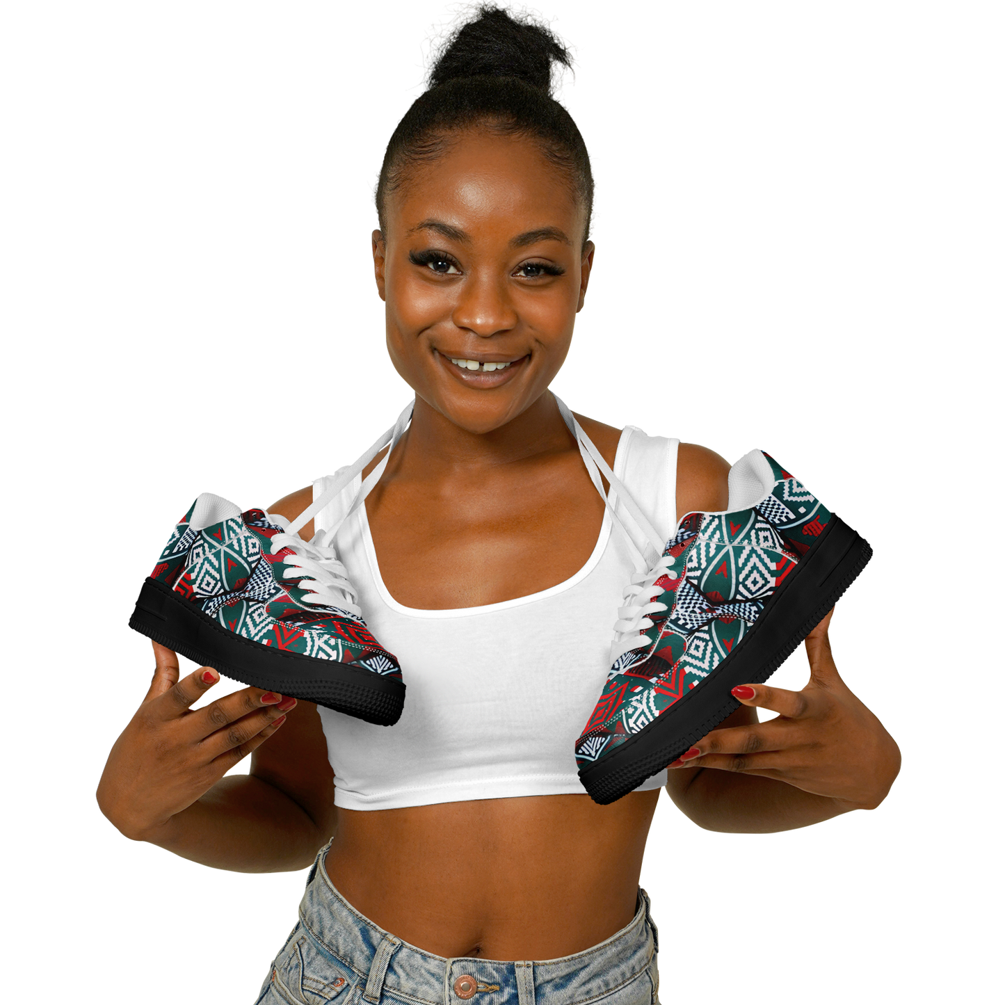 Women's Red & Teal Aztec Geo Pattern All-Over Print Core Low Shoes