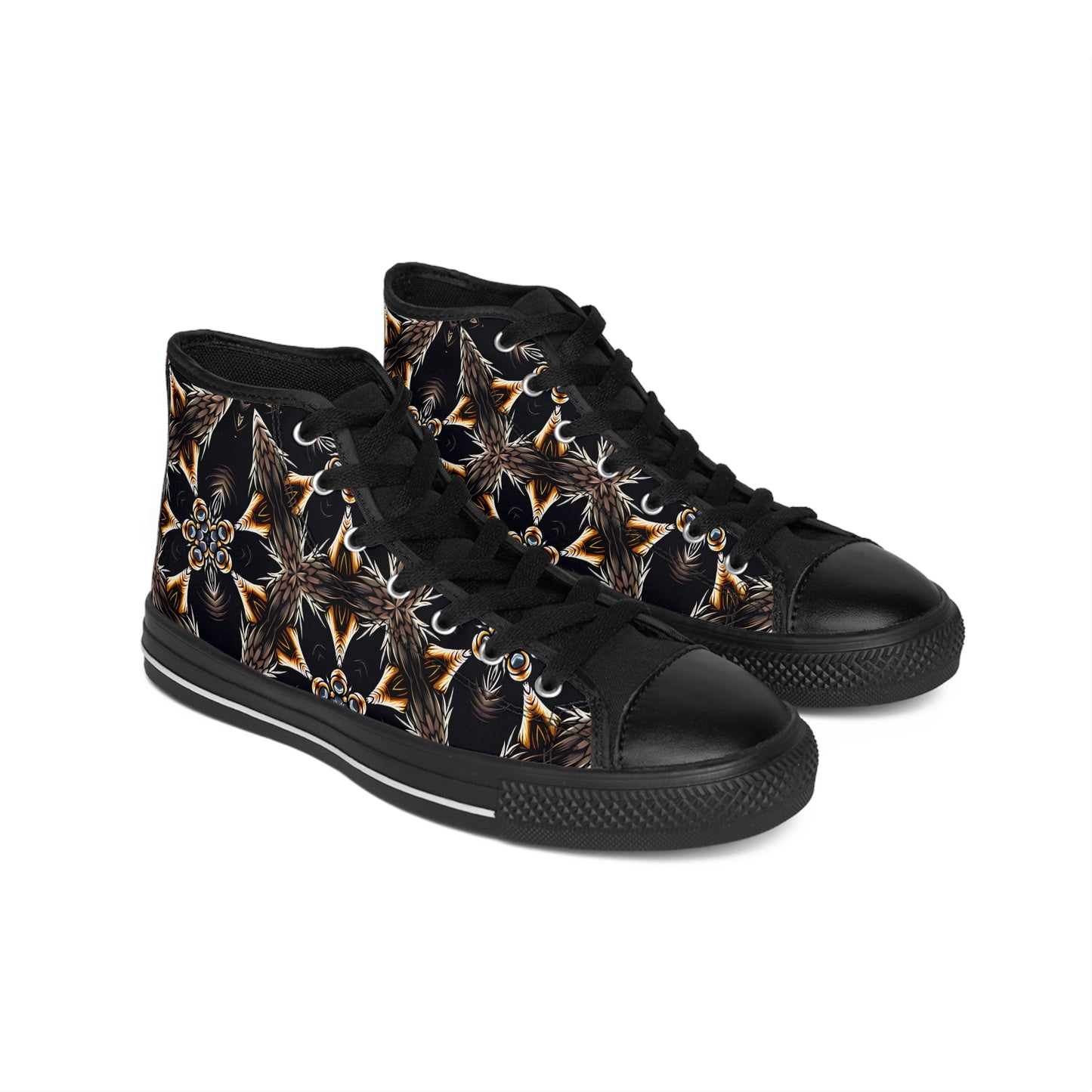 Women's Geometric Black & Gold Kaleidoscope Print High-Top Sneakers