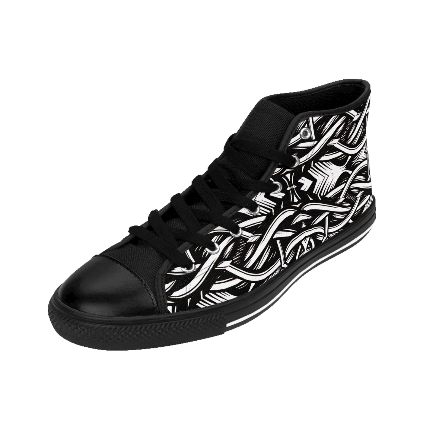 Men's Black Intricate Silver Chain Tattoo Pattern High-Top Sneakers
