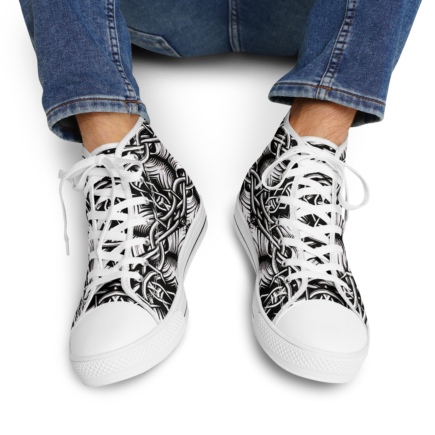 Men’s Black Intricate Silver Chain Tattoo Pattern High Urban Peak High Top Shoes