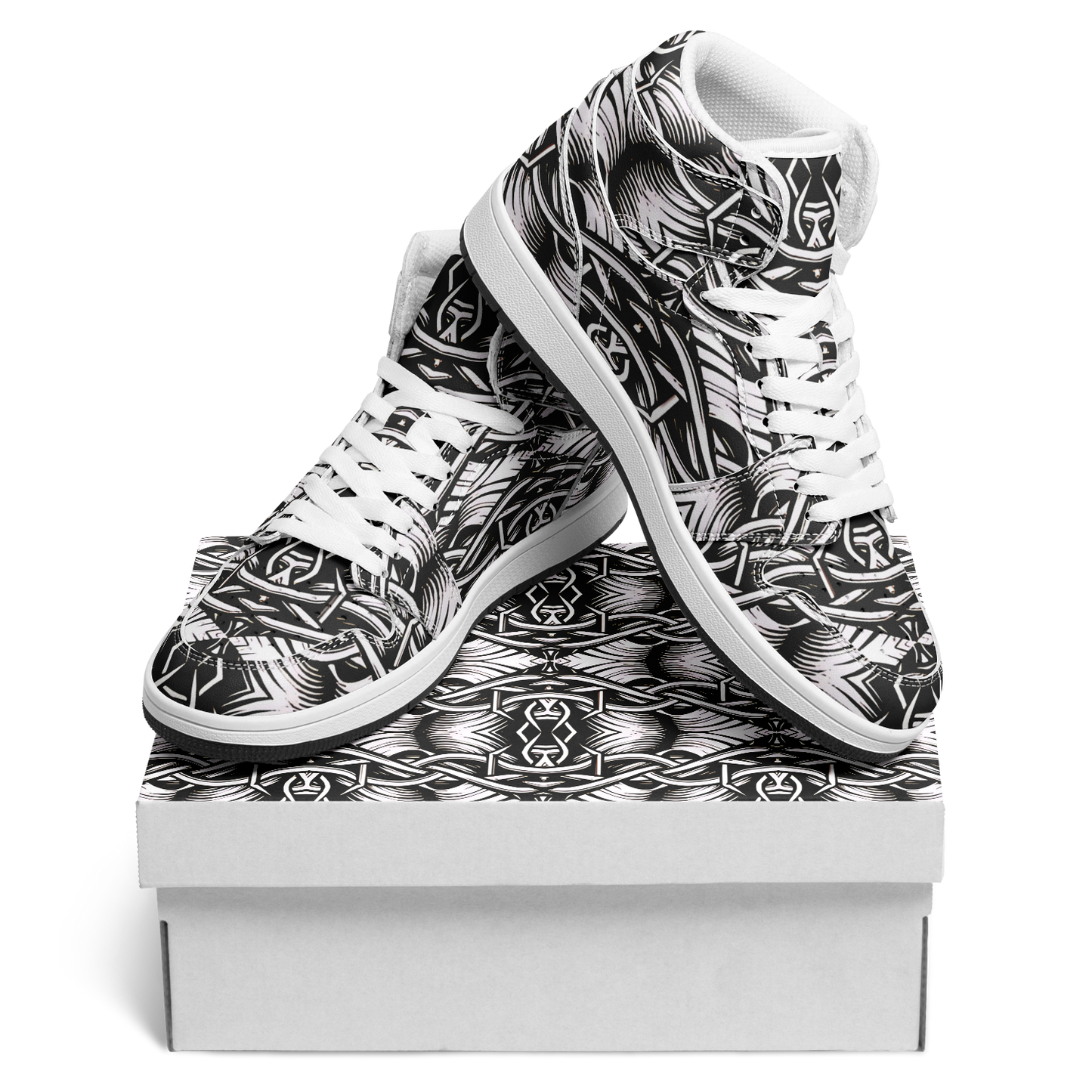 Men’s Black Intricate Silver Chain Tattoo Pattern Motion High Top Shoes