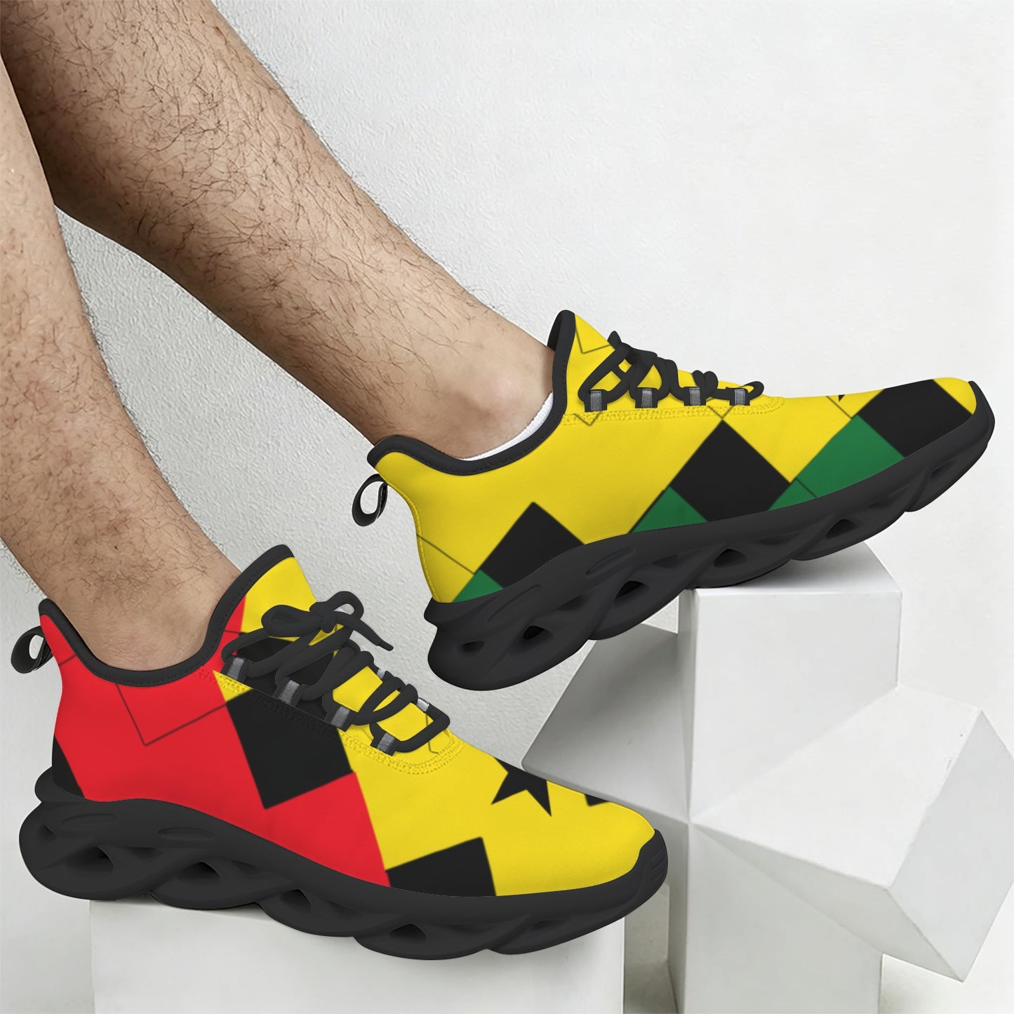 Men's Red Yellow Green and Black Stars Pattern All Over Print Twisted Sole Sneakers