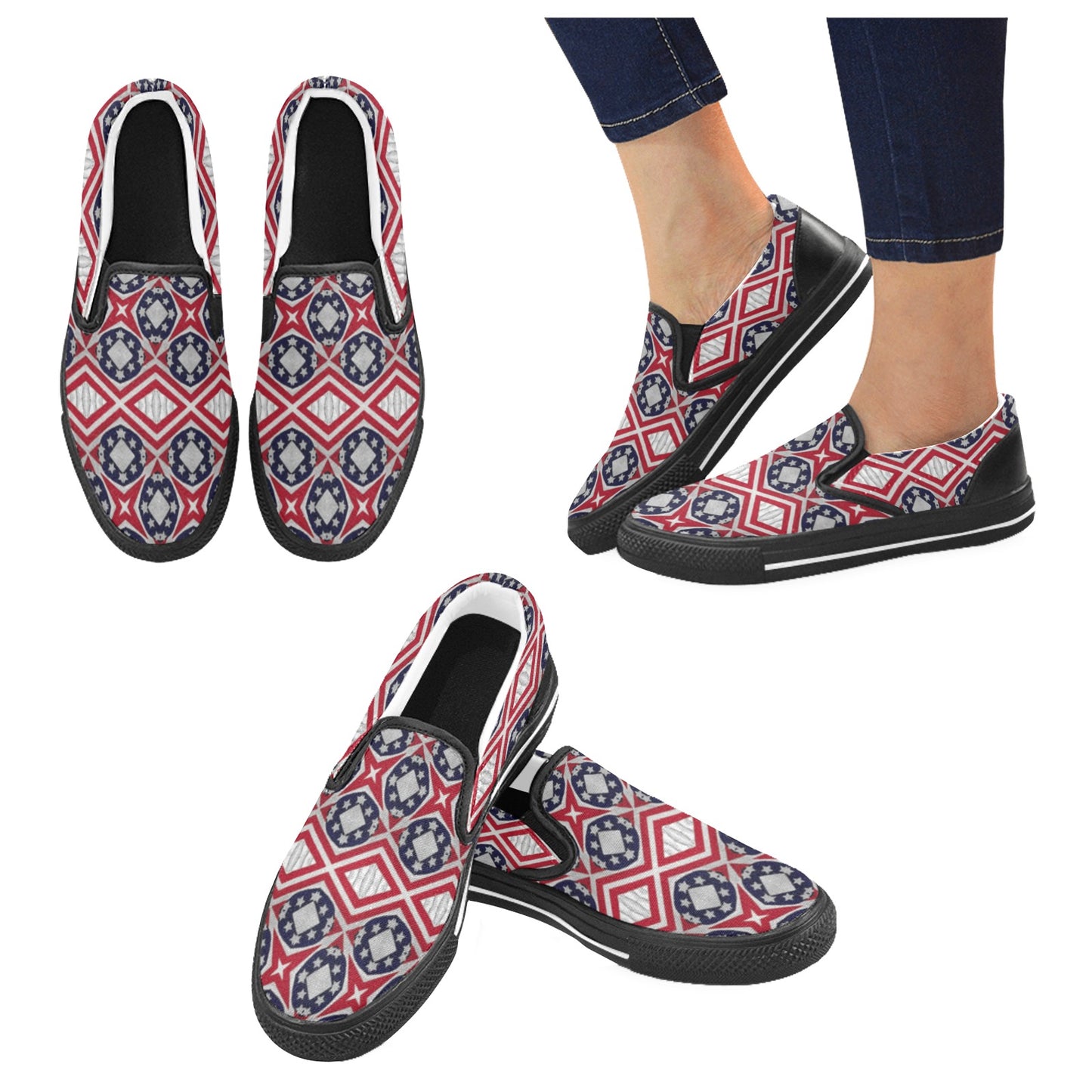 Women's Patriotic Red White Blue Geometric Unusual Slip-on Canvas Shoes
