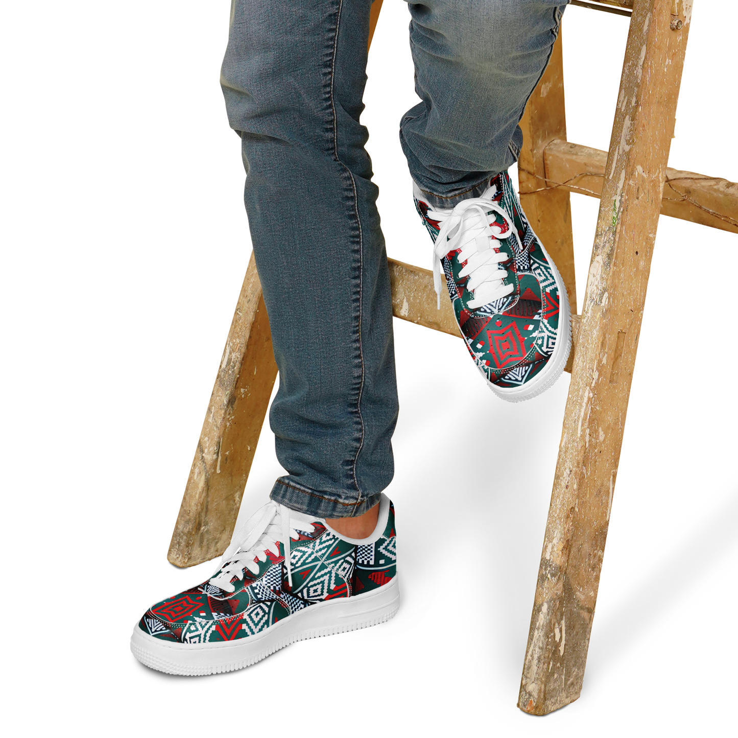 Men's Red & Teal Aztec Geo Pattern All-Over Print Core Low Shoes