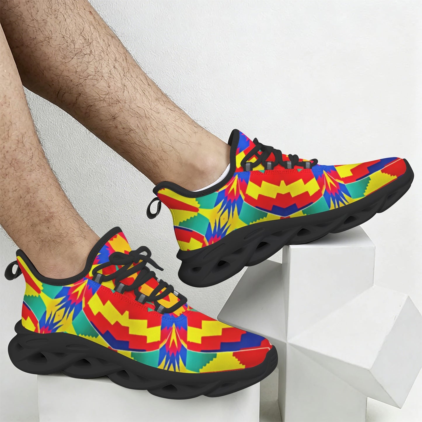 Men's Bold Rainbow Kente-Inspired Geometric Pattern All Over Print Twisted Sole Sneakers
