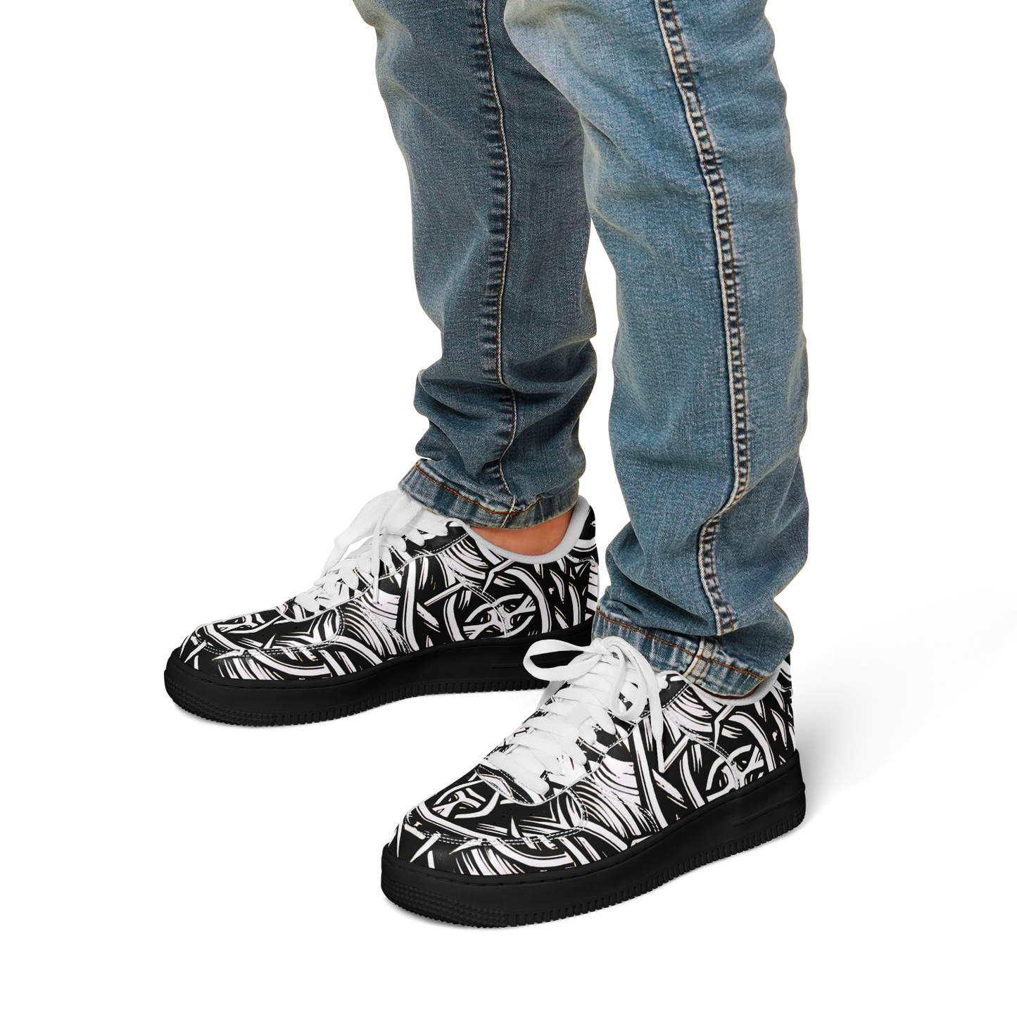 Men’s Black Intricate Silver Chain Tattoo Pattern High Core Low Shoes