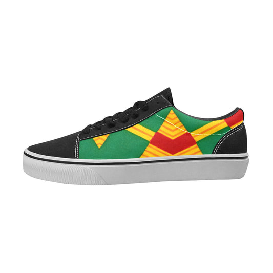 Women Bold Green, Red & Gold African Kente-Inspired Pattern  Low Top Skateboarding Shoes