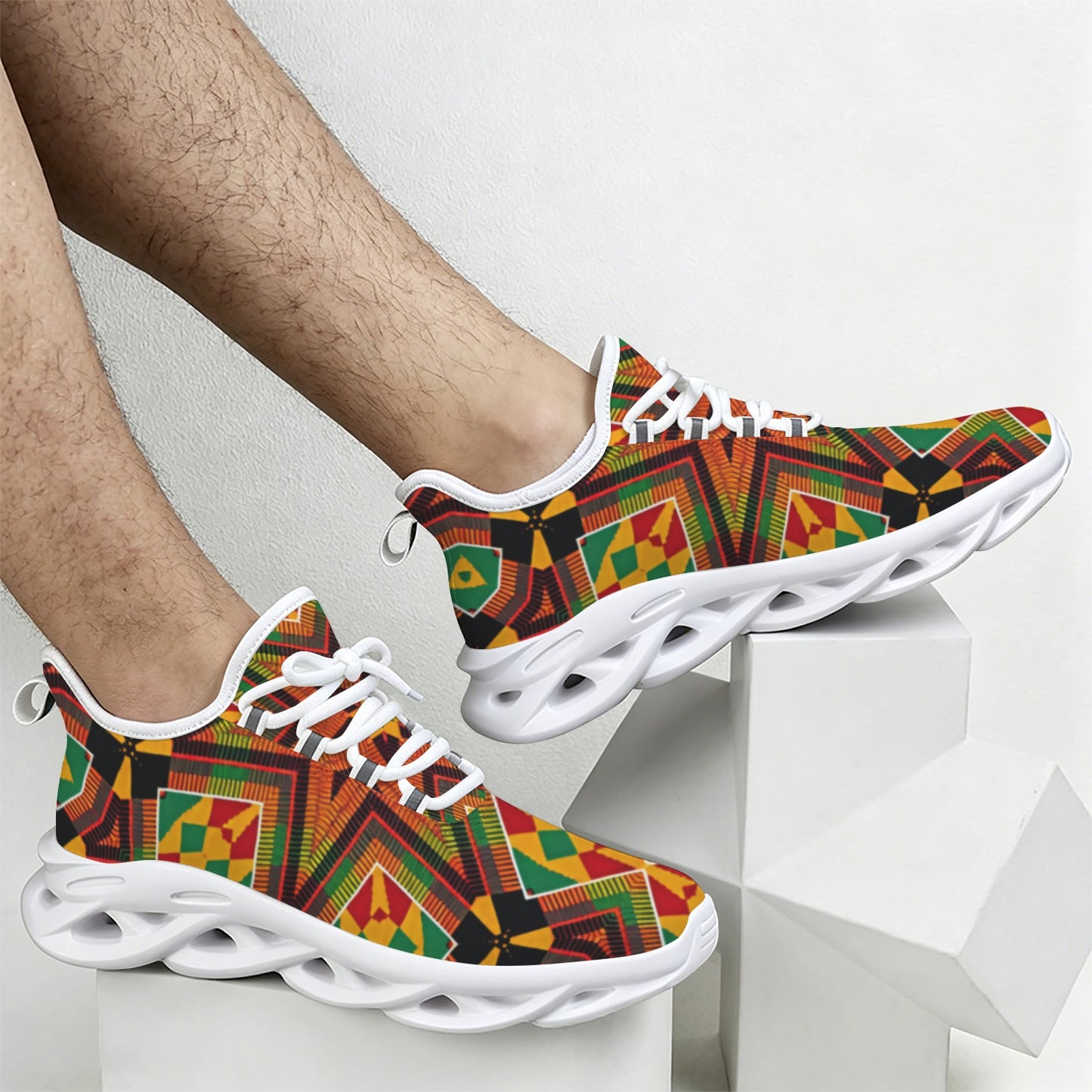 Men's African Kente Geometric Star Pattern All-Over Print Twisted Sole Sneakers
