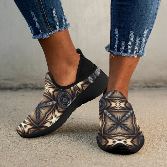 Women's Geometric Kaleidoscope Brown Pattern All Over Print Fly Weave Drop-in Heel Sneakers.