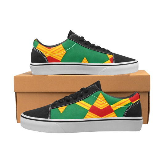 Women Bold Green, Red & Gold African Kente-Inspired Pattern  Low Top Skateboarding Shoes
