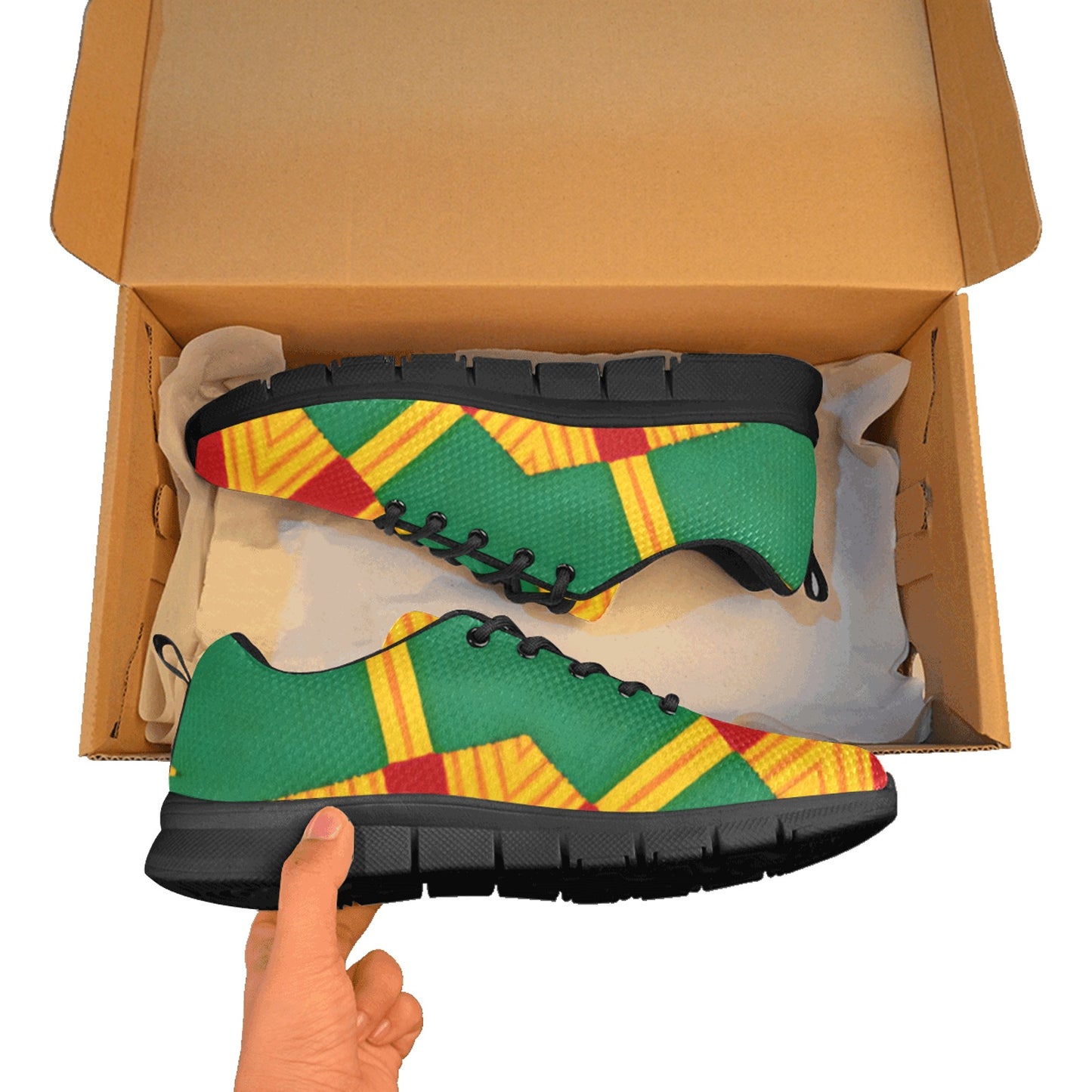 Men Bold Green, Red & Gold African Kente-Inspired Pattern All-Over Print Breathable Running Shoes