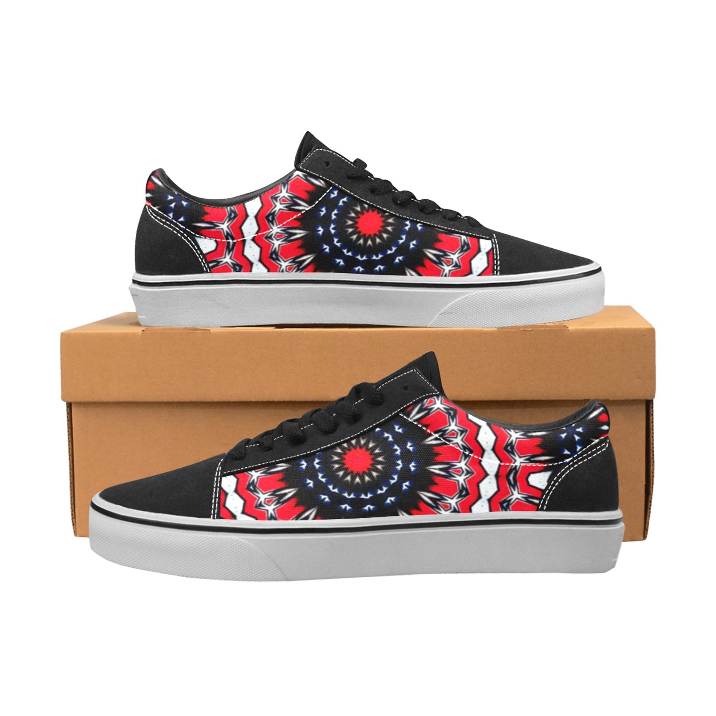 Men's Red, Black & White Psychedelic Pattern Men's Low Top Skateboarding Shoes.