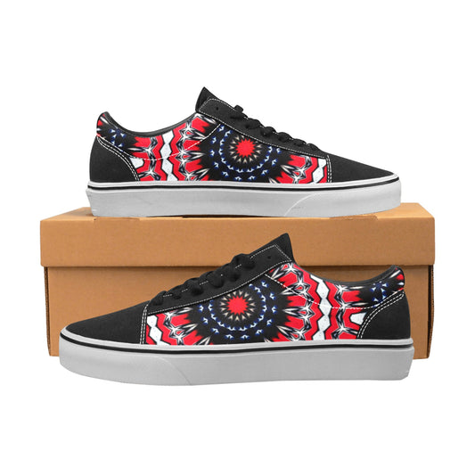 Men's Red, Black & White Psychedelic Pattern Men's Low Top Skateboarding Shoes.