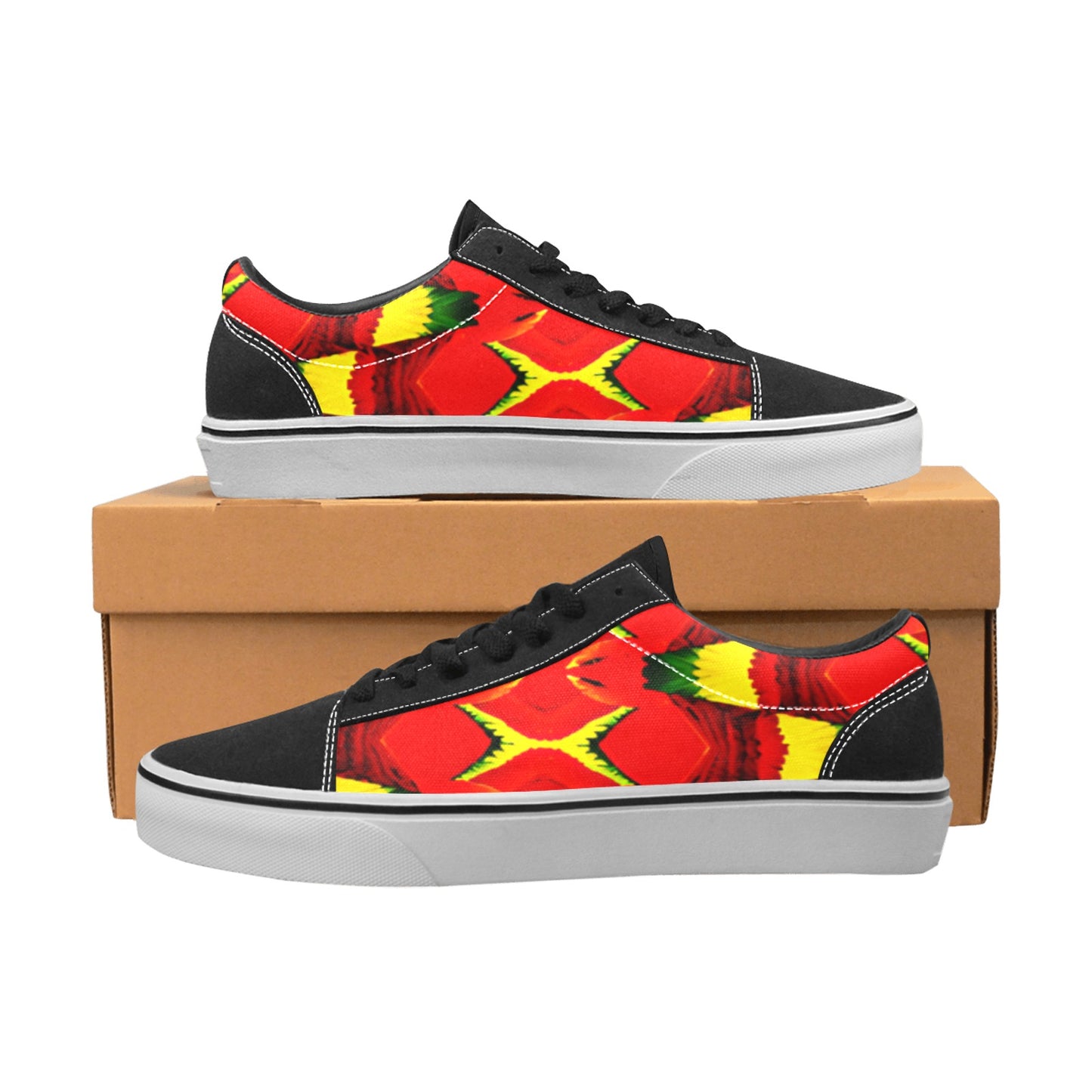 Men's Bold Red & Yellow Tribal Wave Pattern All Over Print Low Top Skateboarding Shoes