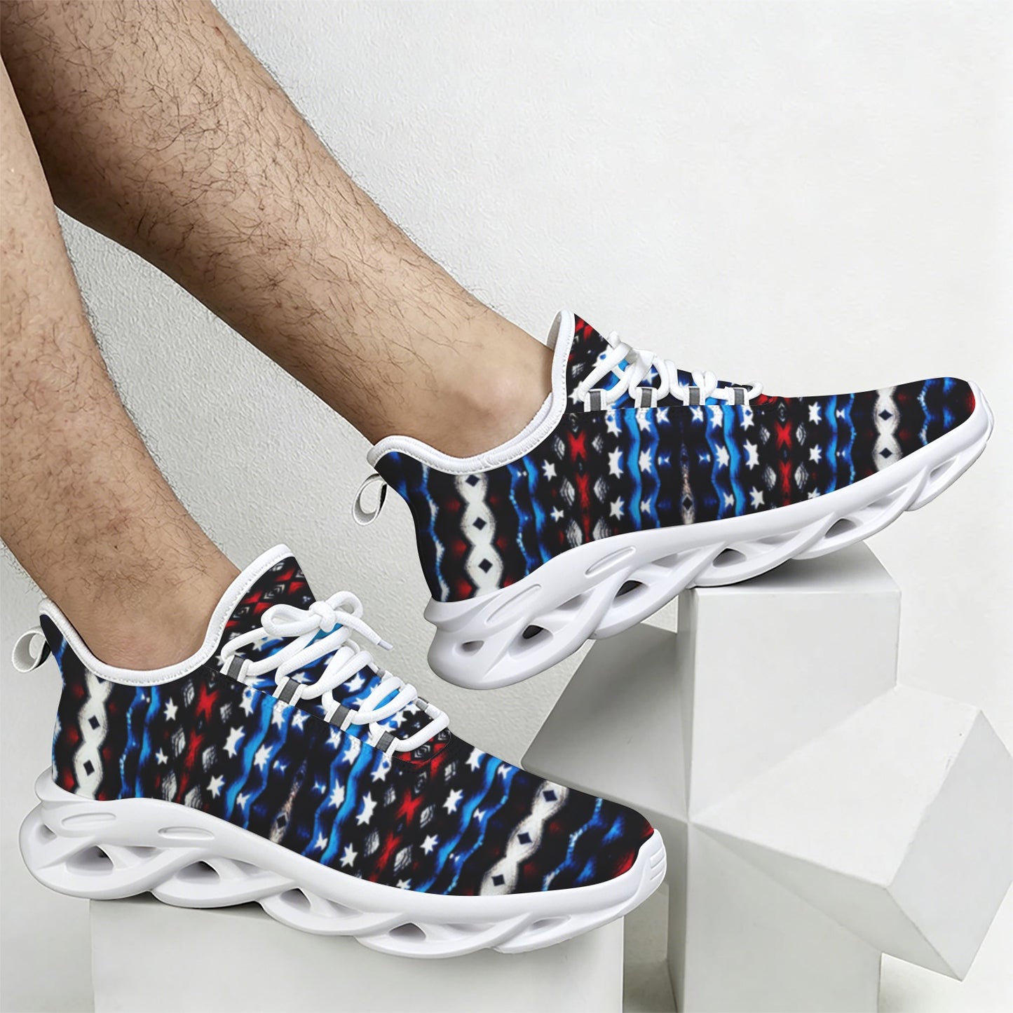 Men's Black Blue Abstract Pattern All Over Print Twisted Sole Sneakers