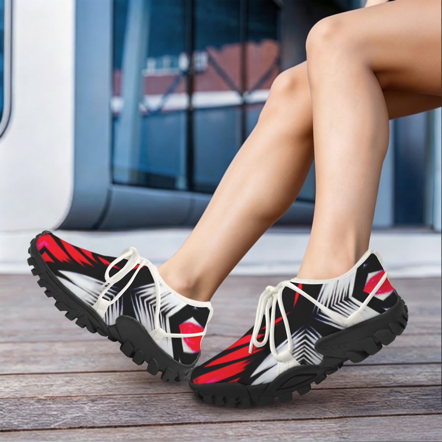 Women's Abstract Red, White & Black Pattern All-Over Print Outdoor Training Shoes
