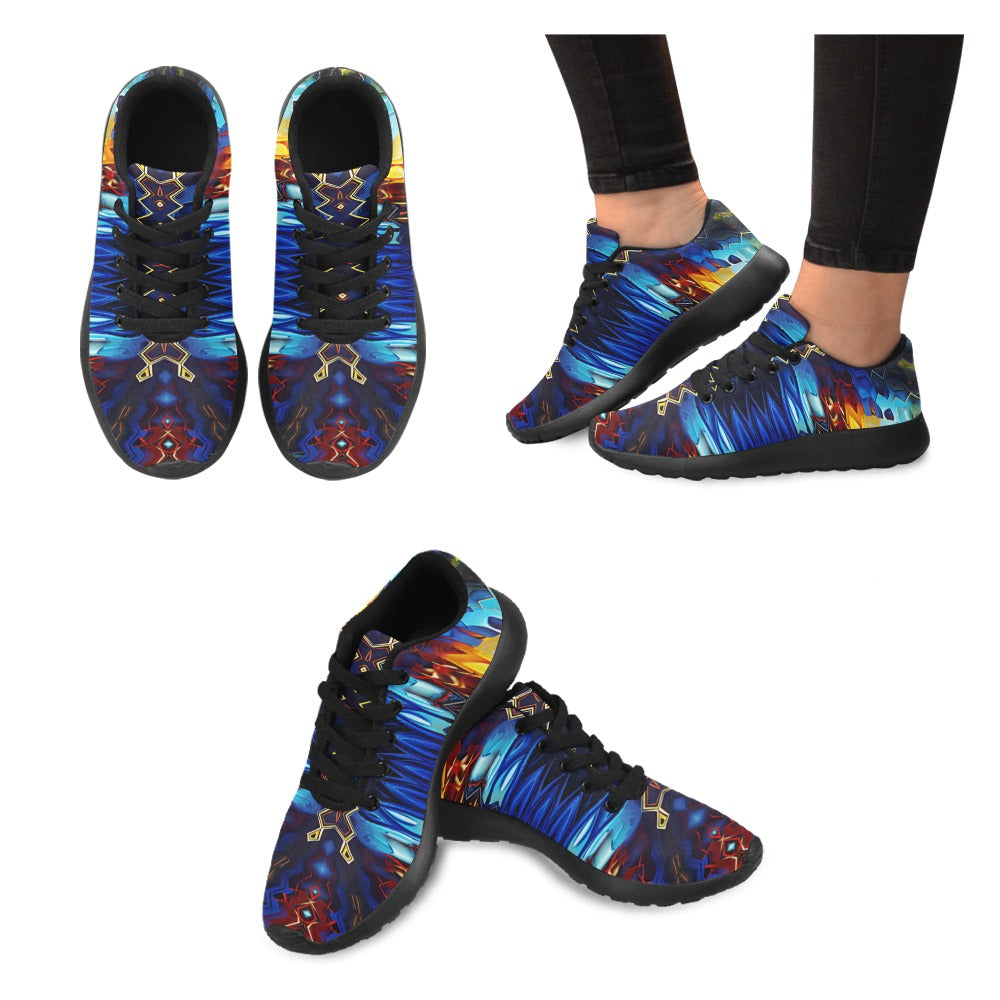 Women's Blue & Red Kaleidoscope Pattern All-Over Print Running Shoes.