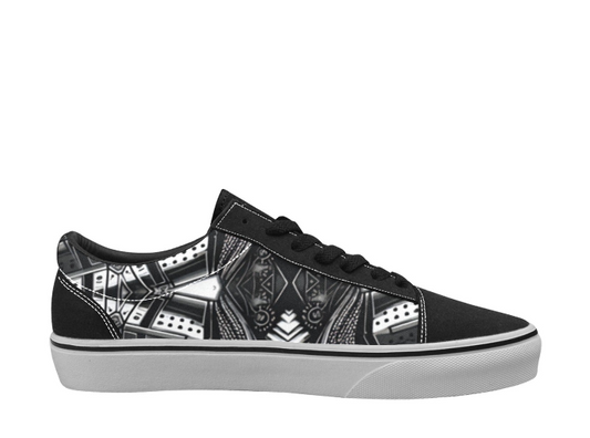 Women's Classic Black & White Geometric Pattern All Over Print Low Top Skateboarding Shoes.
