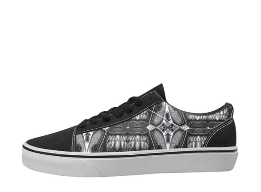 Women's Black & Silver Symmetry Pattern All-Over Print Low Top Skateboarding Shoes.