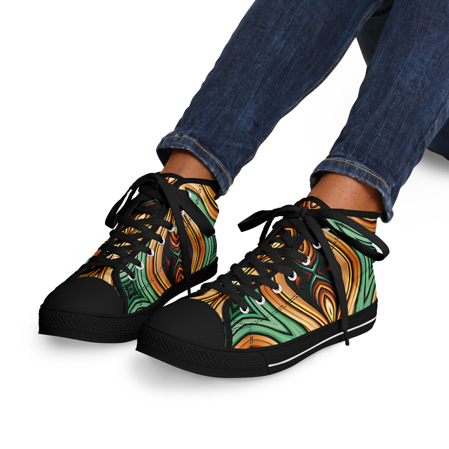 Women's Green & Gold Psychedelic Floral Pattern All-Over Print Urban Peak High Top Shoes