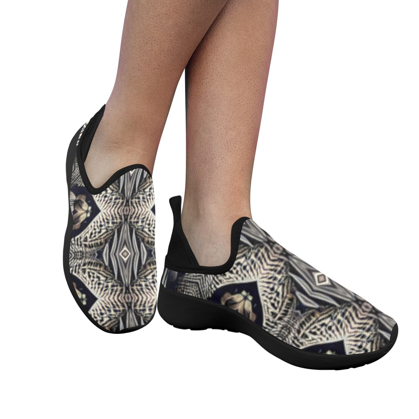 Women's Monochrome Geo Kaleidoscope Pattern All Over Print Fly Weave Drop-in Heel Sneakers.