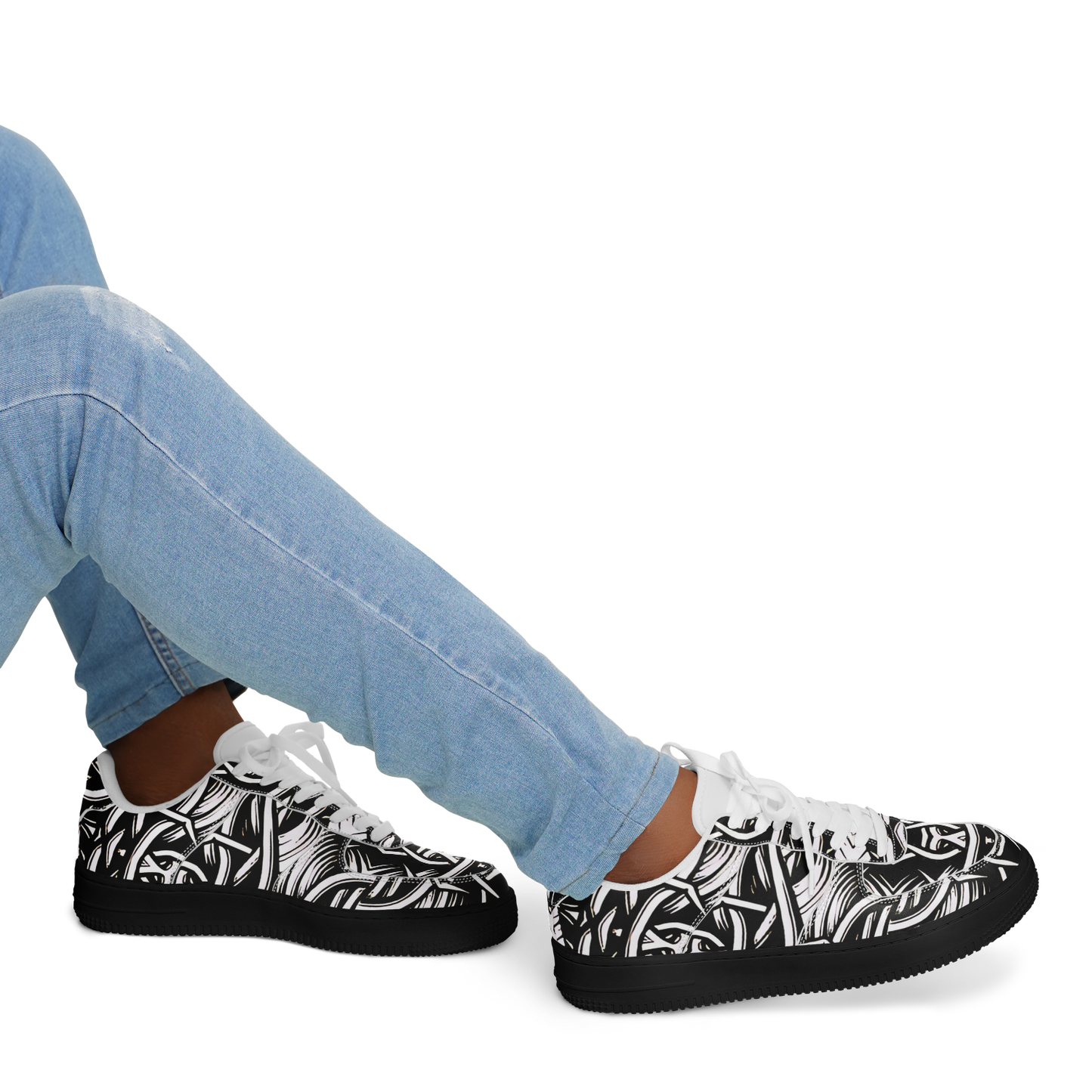 Men’s Black Intricate Silver Chain Tattoo Pattern High Core Low Shoes