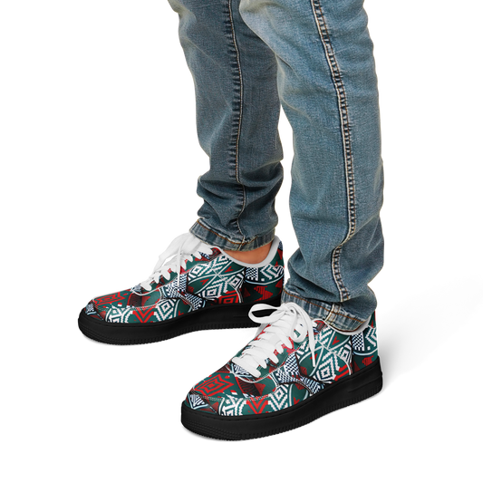Men's Red & Teal Aztec Geo Pattern All-Over Print Core Low Shoes