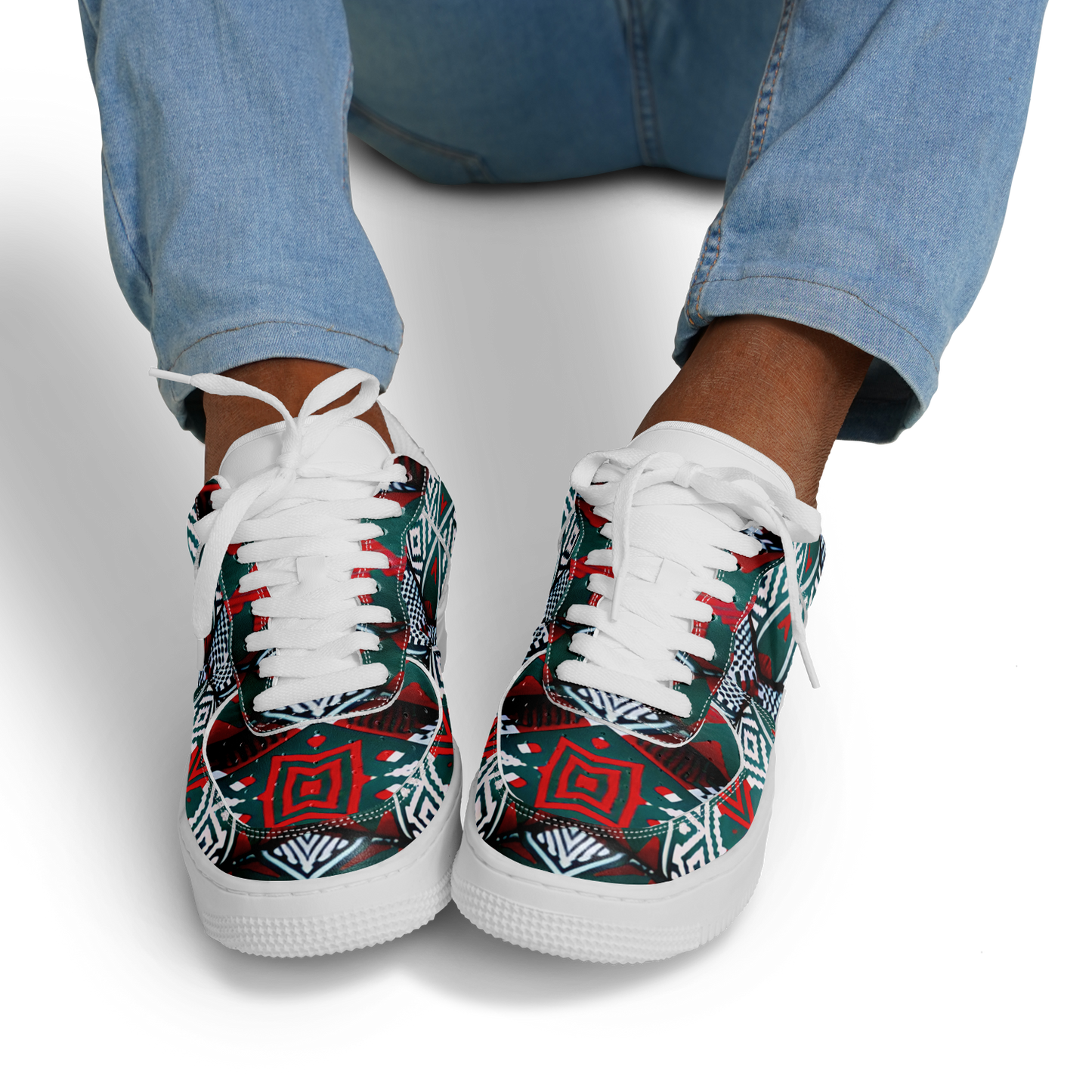 Men's Red & Teal Aztec Geo Pattern All-Over Print Core Low Shoes