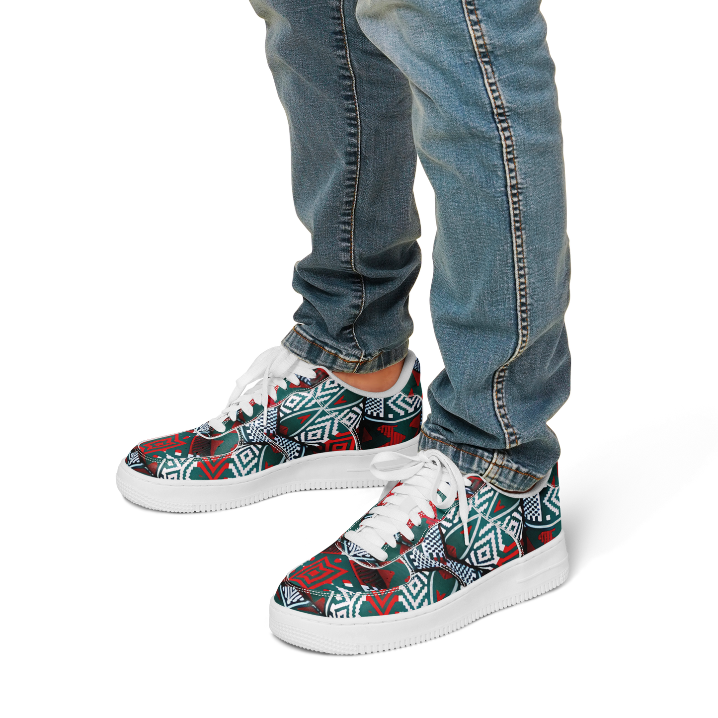 Men's Red & Teal Aztec Geo Pattern All-Over Print Core Low Shoes
