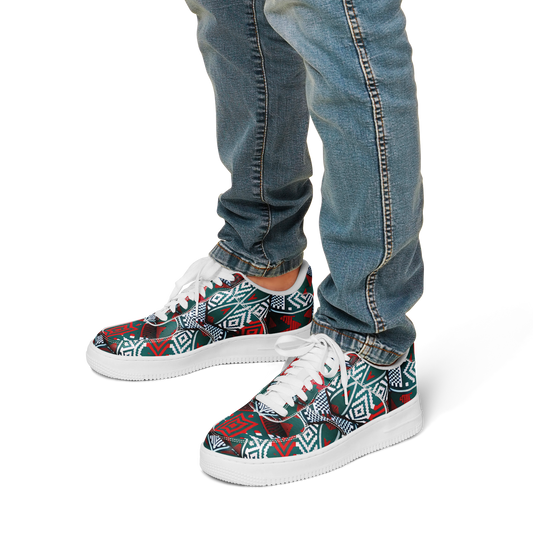 Men's Red & Teal Aztec Geo Pattern All-Over Print Core Low Shoes